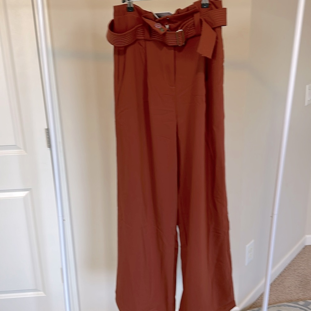 Rust colored paper bag type pants in crepe material.